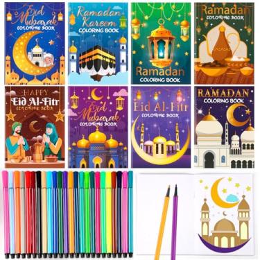 Imagem de HOWAF 40 peças de livros de colorir Ramadan Eid Mubarak (incluindo 24 peças de canetas de tinta), mini blocos de colorir do Ramadã islâmico para atividades de sala de aula do Ramadã Mubarak