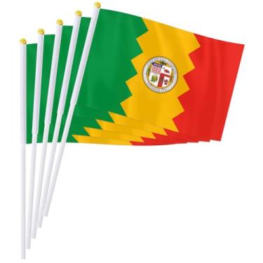 Imagem de PTEROSAUR Conjunto de bandeira portátil da cidade de Los Angeles, 14 x 20 cm, mini bandeira de Los Angeles para desfiles, festas, celebrações e decoração de casa (pacote com 100)
