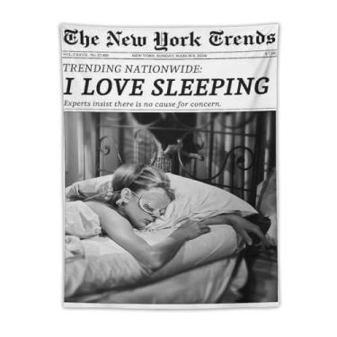 Imagem de Arte de parede de jornal vintage preto e branco I Love Sleeping Tapeçaria retrô New York Times Feminista Magazine tapeçaria de parede para casa quarto dormitório bar carrinho decoração de parede 76 cm