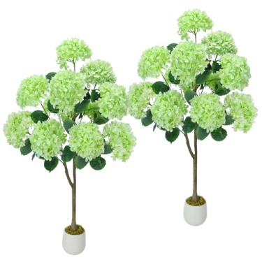 Imagem de GTIDEA Hortênsia artificial, pacote com 2, planta de hortênsia sintética de 1,2 m em vaso com flores verdes, planta em vaso de vegetação para decoração de varanda de casa, escritório e exterior, verde