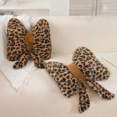 Imagem de UNWAAT 2 peças de almofadas fofas de pelúcia com estampa de leopardos, flores peludas, laço de guepardo, almofada decorativa para casa, sofá, decoração de sala de estar (laço de leopardo)
