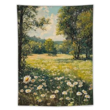 Imagem de Tapeçaria de jardim de primavera, pintura a óleo margarida prado, decoração floral com árvores verdes iluminadas pelo sol para sala de estar, quarto, decoração encantadora de arte da natureza sazonal