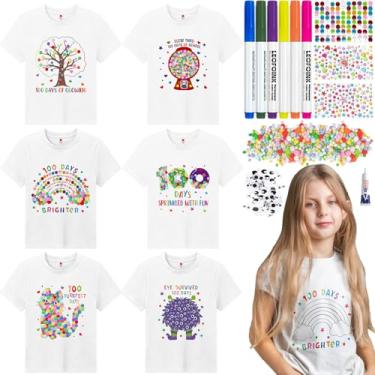 Imagem de Cinrobiye Conjunto de 6 camisetas "faça você mesmo" para 100 dias de escola, 100º dia de artesanato, faça você mesmo, com bolas de pompom para meninas e meninos, escola, sala de aula, festa, fantasia
