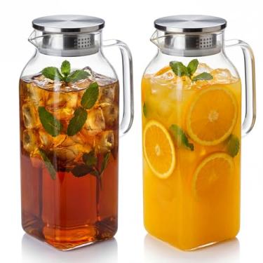 Imagem de Pacote com 2 jarras de vidro de 1 galão com tampa e bico, garrafa de borossilicato para bebidas quentes/frias, jarro grande de água para chá gelado com alça, seguro para geladeira e lava-louças