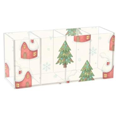 Imagem de Burbuja Porta-canetas de acrílico Winter House Tree com 4 compartimentos, suporte de lápis transparente para pincéis de maquiagem fixos, acessórios de mesa de escritório em casa