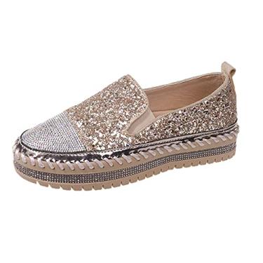 Imagem de SUGURETA Tênis feminino moderno de strass sem cadarço, casual, confortável, plataforma, tênis de caminhada, lindo laço com glitter, loafers brilhantes, A - ouro, 35