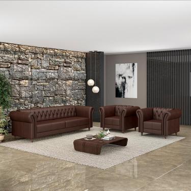 Imagem de Conjunto Sala de Estar 1 Sofá Living 180cm e 2 Poltronas Stanford Chesterfield Pés Madeira Couro Marrom Brilho G58 - Gran Belo
