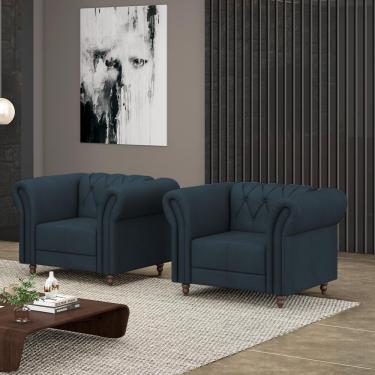 Imagem de Kit 2 Poltronas Decorativas Sala de Estar Stanford Chesterfield Pés de Madeira Couro Azul Marinho G58 - Gran Belo