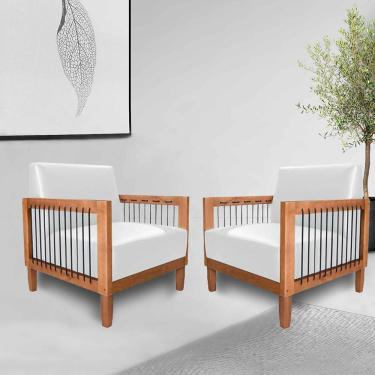 Imagem de Kit 2 Poltronas Sala de Estar Pés Madeira Maciça Corda Náutica Preta 75cm Manila PU Branco G63 - Gran Belo