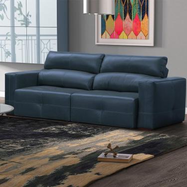 Imagem de Sofá Decorativo Monica 3 Lugares Sala de estar 252cm Reclinável e Retrátil Couro Azul Marinho Brilho G40 - Gran Belo