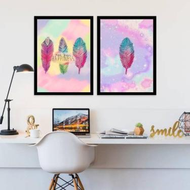 Imagem de Kit 2 Quadros Zen Penas Hapiness 33X24Cm Moldura Preta