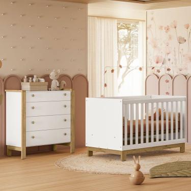 Imagem de Quarto de Bebê com Berço Mini Cama Slim e Cômoda Flora Branco Acetinado Qmovi