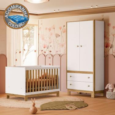 Imagem de Quarto de Bebê com Berço Slim e Guarda Roupa Flora Branco Freijó Qmovi + Colchão Ortobom