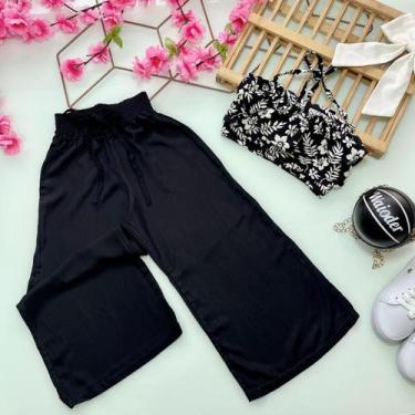 Imagem de CONJUNTO blogueirinha Calça Pantalona + Cropped Cor:CONJ PRETO FLORALT