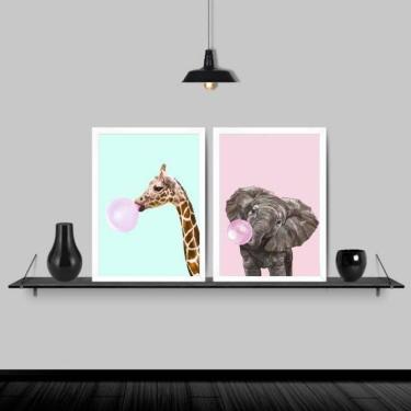 Imagem de Kit 2 Quadros Girafa E Elefante Chiclete 45X34 Vidro Branca