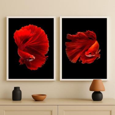 Imagem de Kit 2 Quadros Decorativos Peixes Beta 33x24cm - com vidro
