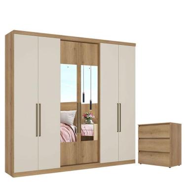 Imagem de Guarda Roupa Casal Passione Ultra Glass 6 Portas Capuccino Off White e Cômoda Gaveteiro Condessa Capuccino - THB