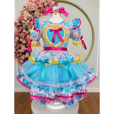 Imagem de Vestido Festa Junina Infantil Azul Pink Amarelo Laços Junino Caipira Q