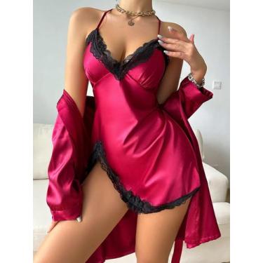 Imagem de Conjunto De Pijama Feminino Em Cetim Liso Com Manga Longa, Robe De Ren