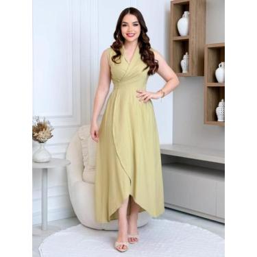 Imagem de Vestido Elegante Midi Transpassado Casual de Linho Envelope Decote V C