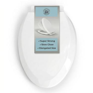 Imagem de Assento de vaso sanitário sem gola, fácil de fechar, plástico branco, alongado, confortável, design ergonômico, sistema de tampa de fechamento lento, silencioso, durável, plástico de alto impacto, resiste a manchas e rachaduras, fácil de limpar, tampa de fácil instalação