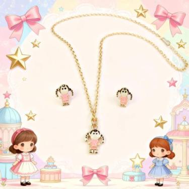 Imagem de Conjunto Infantil Colar e Brincos Bonequinha Cores Vivas + Caixa - LA 