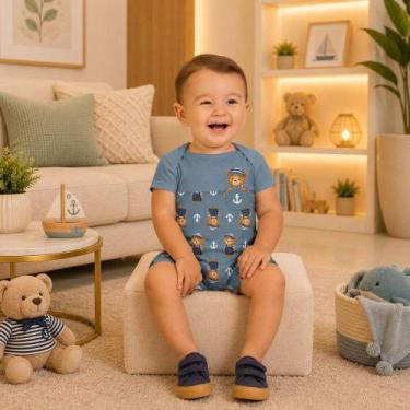 Imagem de Macaquinho Bebê Menino Kyly Algodão Urso Marinheiro, P, Azul