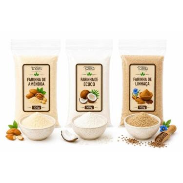 Imagem de Kit 3 Farinhas Naturais Amêndoa Coco e Linhaça 100g Cada - Torres Alim