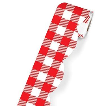 Imagem de Schoolgirl Style Borda recortada enrolada em preto, branco e elegante — Linha ondulada vermelha de guingão para quadros de avisos, mesas, armários, decoração de casa ou sala de aula (11 m) (108452)