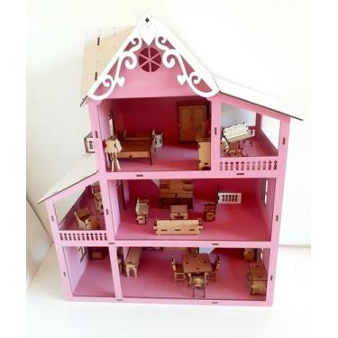 Casinha De Boneca Barbie Rosa Mdf Com 41 Mini Móveis Montada em