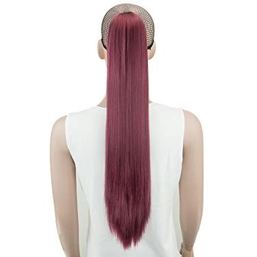 Imagem de IMISSU Clipe de mandíbula cacheado grosso e bagunçado Extensões de cabelo de rabo de cavalo Clipe de rabo de cavalo em peruca (Reto Borgonha)