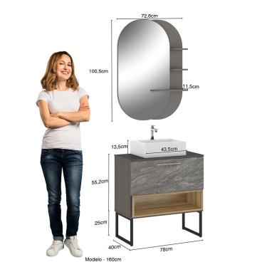 Imagem de Gabinete para Banheiro Vicenza 78cm 1 Gaveta com Cuba e Espelheira Móveis Bosi - Magneto/Cosmopolitan/Nogal