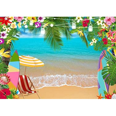 Imagem de LTLYH 2,1 x 1,5 m Pano de Fundo de Praia Havaiana Verão - Flor Tropical Aloha - Céu Azul Oceano - Folhas de Palmeira - Decoração de Festa de Aniversário Chá de Bebê Sessão de Fotos - Adereço - Vinil