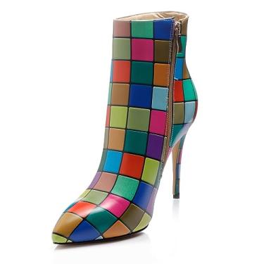 Imagem de Sapatos femininos de salto agulha alto azul, multicolorido, estampado, quadrado, bico fechado, botinha, sexy, cano curto, Xadrez multicor azul, 37