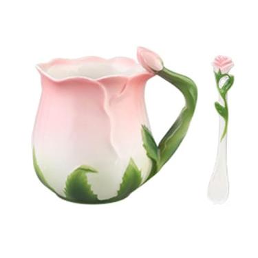 Imagem de zaoalife Xícaras de chá de rosa de cerâmica com colher, caneca de café de flor rosa 3D, caneca de café com colher, xícara de chá em forma de flor, caneca de flor dia das mães dia dos namorados caneca
