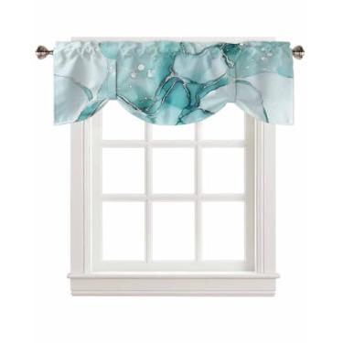 Imagem de Cortinas de amarração de mármore turquesa para janelas, cortinas de saia de amarrar com bolso de haste abstrata moderna e abstrata, decoração de janela curta ajustável para cozinha, sala de estar