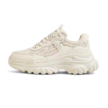 Imagem de LUCKY STEP Tênis feminino grosso, moderno, plataforma, renda, pérola, corrente com contas, clássico, casual, plataforma, Bege, 37