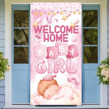 Imagem de Welcome Home Faixa de porta de bebê menina chá de bebê decoração de festa revelação de gênero para meninas It's a Girl Welcome Baby Girl capa de porta foto pano de fundo suprimentos de festa