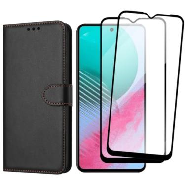 Imagem de Kit Capa Carteira Para Galaxy M54, Porta Cartões Preta com Fechamento Magnético + 2 Películas de Vidro 3D