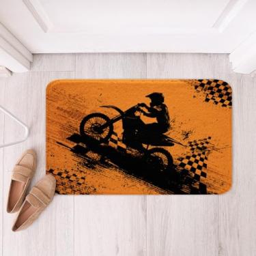 Imagem de Tapete de banheiro de motocicleta de lã 50,8 x 76,2 cm, tapete de banheiro preto Dirt Bike Motocross Racer para chuveiro e banheira, meninos legal esportes quadriculados grafite tapete de banheiro