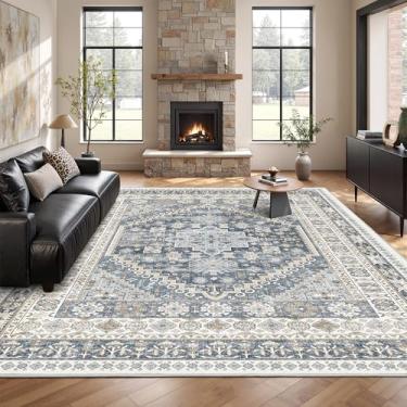 Imagem de Restydon Tapetes laváveis 20 x 25 cm para sala de estar, tapete grande antiderrapante para quarto de bebê, tapetes florais vintage para quarto, tapete fino para decoração de casa de fazenda (azul/bege