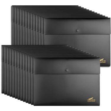 Imagem de WORPSON Pacote com 25, pastas de envelopes de plástico resistentes de 12 mm, para papel tamanho carta A4, com fecho de pressão, organizador de documentos de carteiras de plástico para papelada (preto