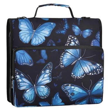 Imagem de Wassud Fichário azul escuro borboletas com zíper 3 anéis com alça de ombro e alça vários bolsos expansível organizador de pasta de arquivo