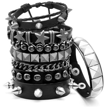Imagem de Aswitnove Conjunto de 6 pulseiras punk rock cravejadas com cravos para mulheres e homens anos 80 Alt Gótico Grunge Emo pulseiras acessórios retrô frisado estrela Y2K pulseira de botão de pressão PU
