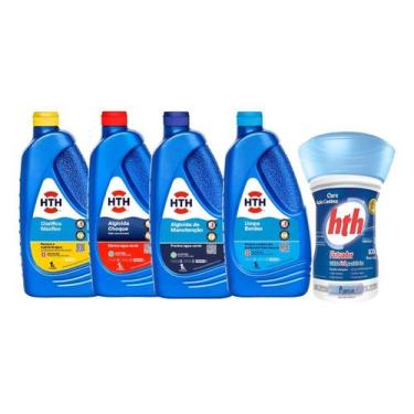 Imagem de Kit Completo HTH Para Piscinas Limpa Bordas Choque Previne Água Verde 