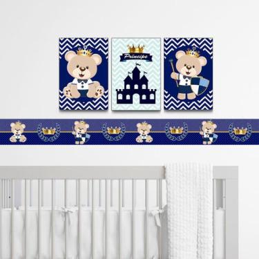 Imagem de Quadros Infantil E Faixa Decorativa Urso Príncipe Azul Marinho Menino