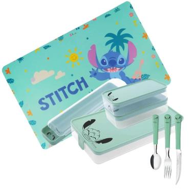 Imagem de Conjunto Refeição Infantil Stitch Disney 8 Peças Estojo, Potes, Talheres e Jogo Americano