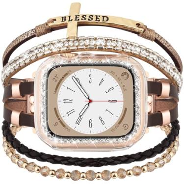 Imagem de Pulseira e capa Boho compatível com relógio Apple 40 mm, 44 mm, 45 mm, 46 mm, 41 mm, 38 mm e 42 mm(S10), pulseira de couro ajustável feita à mão para Apple Watch séries 10, 9, 8, 7, 6, 5, 4, 3, 2 e 1