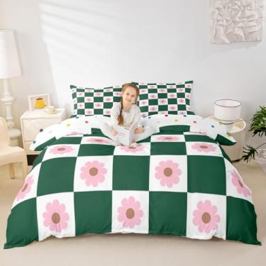 Imagem de Manfei Conjunto de capa de edredom infantil floral rosa, tamanho casal, xadrez geométrico, xadrez, patchwork, decoração de quarto de princesa, capa de colcha verde romântica, 2 fronhas (sem edredom)