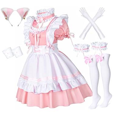 Imagem de Wannsee Adulto Unissex Anime Francês Empregada Avental Lolita Fantasia Vestido Cosplay Traje Peludo Gato Orelha Luvas Meias Conjunto (Rosa S)